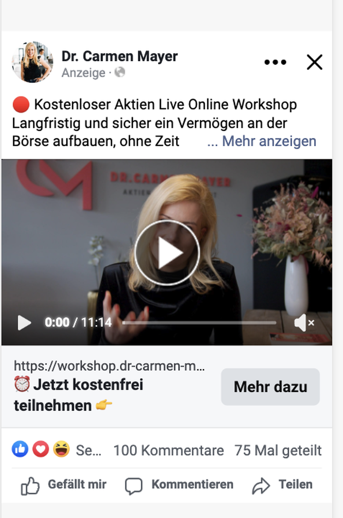 Derselbe Beitrag mit 100 Kommentaren und 75 Shares